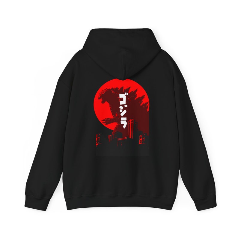Godzilla Hoodie/ Japanese Godzilla Graphic Hoodie/ Godzilla Front and Back hoodie/ Kaiju Hoodie/ Unisex Heavy Blend Hooded Sweatshirt Black