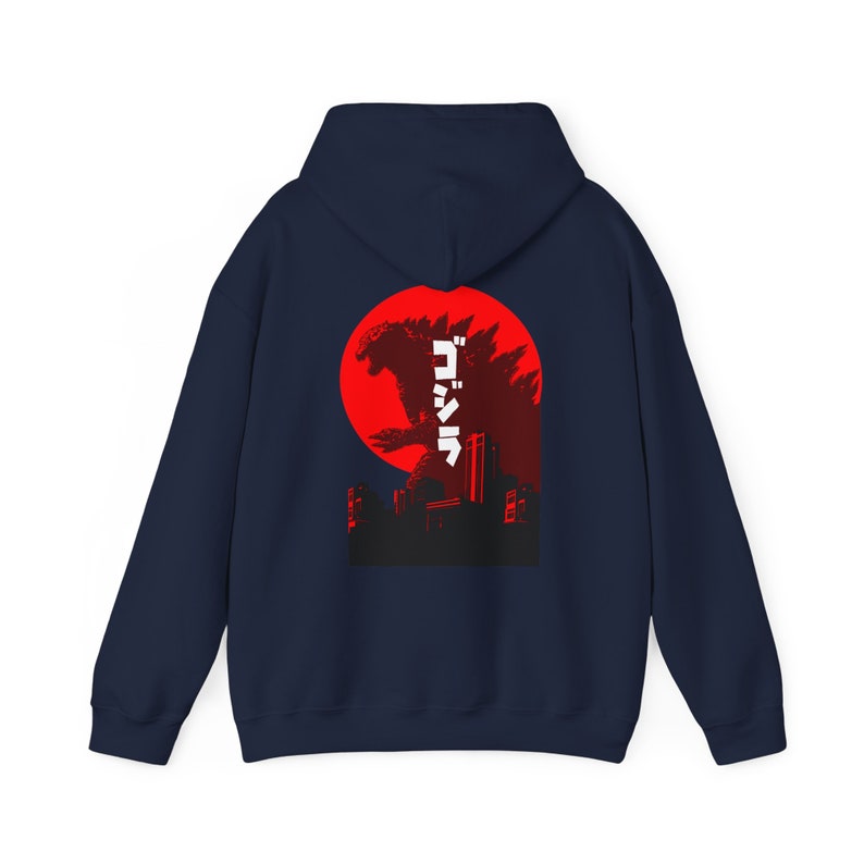 Godzilla Hoodie/ Japanese Godzilla Graphic Hoodie/ Godzilla Front and Back hoodie/ Kaiju Hoodie/ Unisex Heavy Blend Hooded Sweatshirt Navy