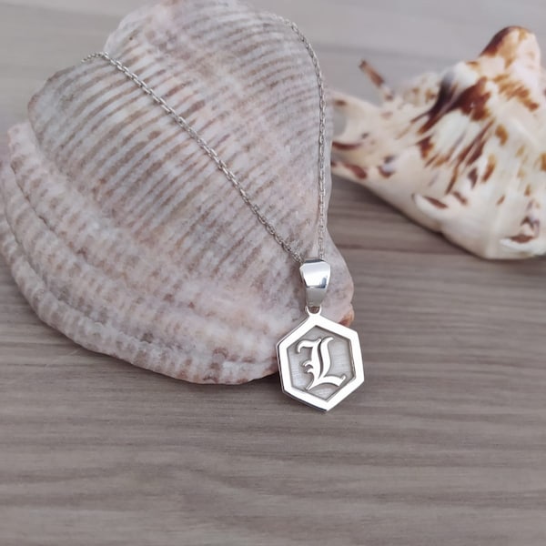 Initial old english necklace,hexagon necklace,sterling silver necklace,family crest necklace,personalized necklace,custom necklace,pendant.