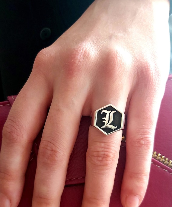 Custom Old English Hexagon Initial Signet Ring, 925 Silver