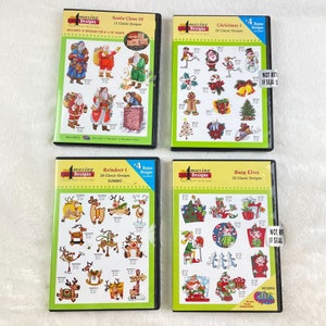 May include: Four DVD cases featuring Christmas-themed designs. The cases are labeled "Santa Claus III", "Christmas I", "Reindeer 1", and "Busy Elves". Each case displays various holiday-related images, including Santa Claus, reindeer, elves, and Christmas trees. The cases are in a vertical orientation.
