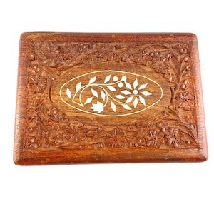 Vintage Hand Carved Wooden Jewelry Keepsake Box Floral Inlay Hinged Lid