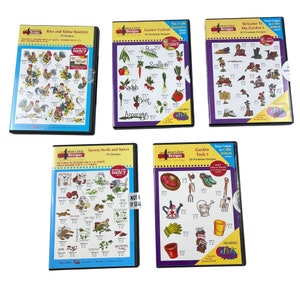 May include: Five DVD cases featuring embroidery designs. Themes include roosters, garden vegetables, garden tools, herbs and spices, and garden scenes. Each case has a yellow header with the "Amazing Designs" logo and the number of designs included.