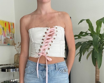 Handmade Asymmetrical Corset Bustier White Pink Ribbon Strapless Top  / y2k 90s Aesthetic clothing