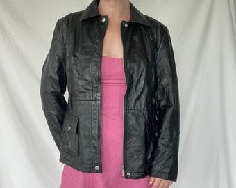 Vintage Black Moto Zip Up Genuine Leather Jacket / y2k 90s aesthetic clothing matrix genuine