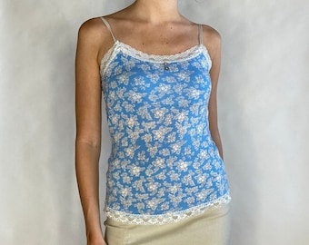 Vintage Blue White Lace Trim Floral Tank Lingerie Type Top / Y2K 90s Aesthetic Clothing