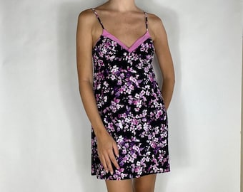 Minivestido vintage con encaje floral, suave, negro, morado y rosa / Ropa estética Y2K de los años 90