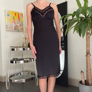 Vintage Black Lace Slip Midi Dress / y2k womens aesthetic clothing wool blend