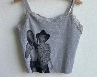 Vintage Reworked Screenprint Handmade Custom Kate Image on Gray Lace Crop Tank / y2k 90s aesthetic clothing