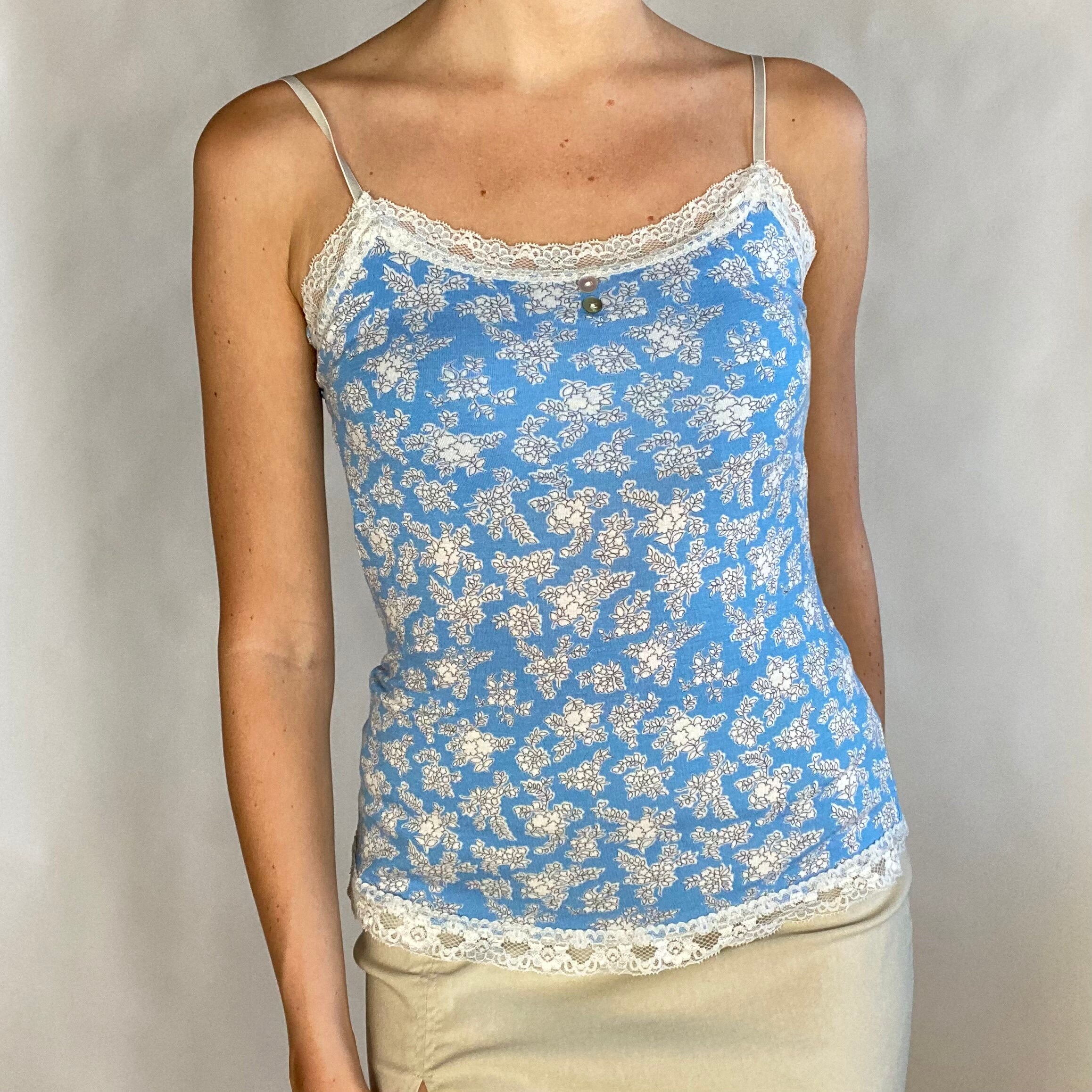 Vintage Blue White Lace Trim Floral Tank Lingerie Type Top / Y2K 90s  Aesthetic Clothing -  Canada