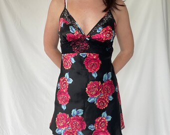 Vintage Victoria Secret Pink Black Floral Mini Dress / Y2k aesthetic clothing
