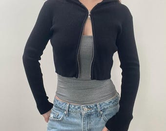 Reworked Custom Handmade Gray Crop Tshirt with Black Ribbon Details / y2k aesthetic clothing