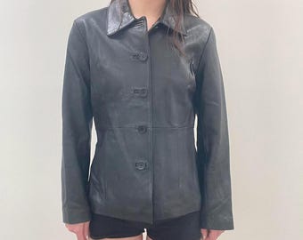 Vintage Black Button Up Genuine Leather Jacket / y2k 90s aesthetic clothing matrix genuine