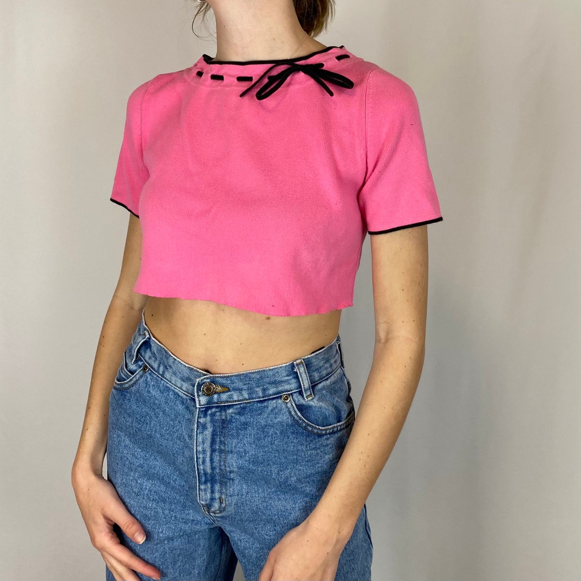 Retro Crop Pink Babydoll Tee With Black Lace Lining Etsy