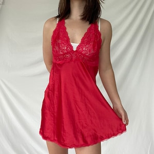 Vintage Victoria's Secret Mini Slinky Red Lace Trim Babydoll Slip Lingerie Dress / Y2k 90s aesthetic clothing
