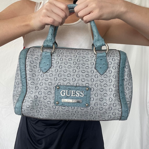 Vintage Authentic Guess Blue Silver Hardware Tote Purse / Y2k 