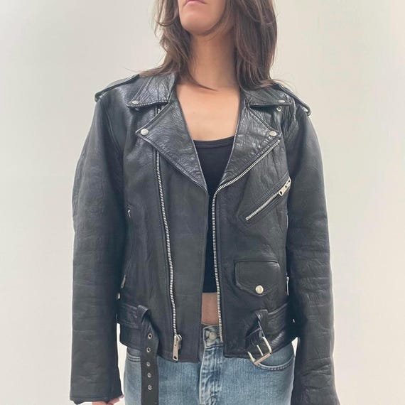 Vintage Black Moto Genuine Leather Jacket / y2k 90s aesthetic clothing matrix genuine