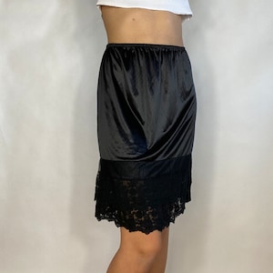 Vintage Black Layered Lace Silky Elastic Waist Midi Skirt / y2k 90s aesthetic clothing