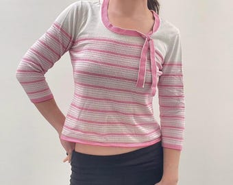 vintage striped knit top with tie / Y2k 90s aesthetic clothing
