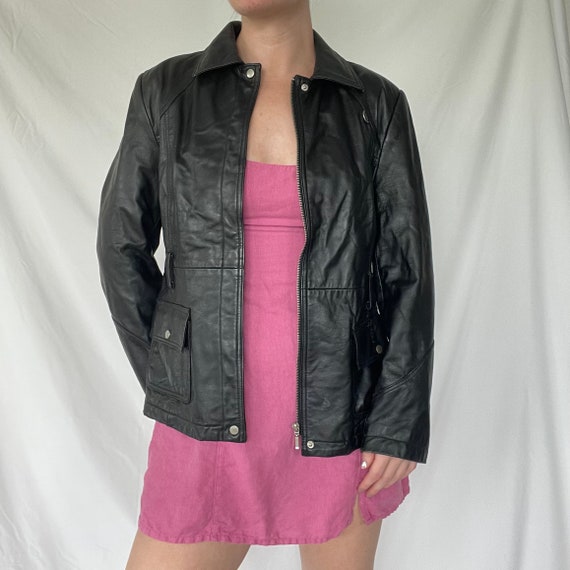 Vintage Black Moto Zip up Genuine Leather Jacket / Y2k 90s