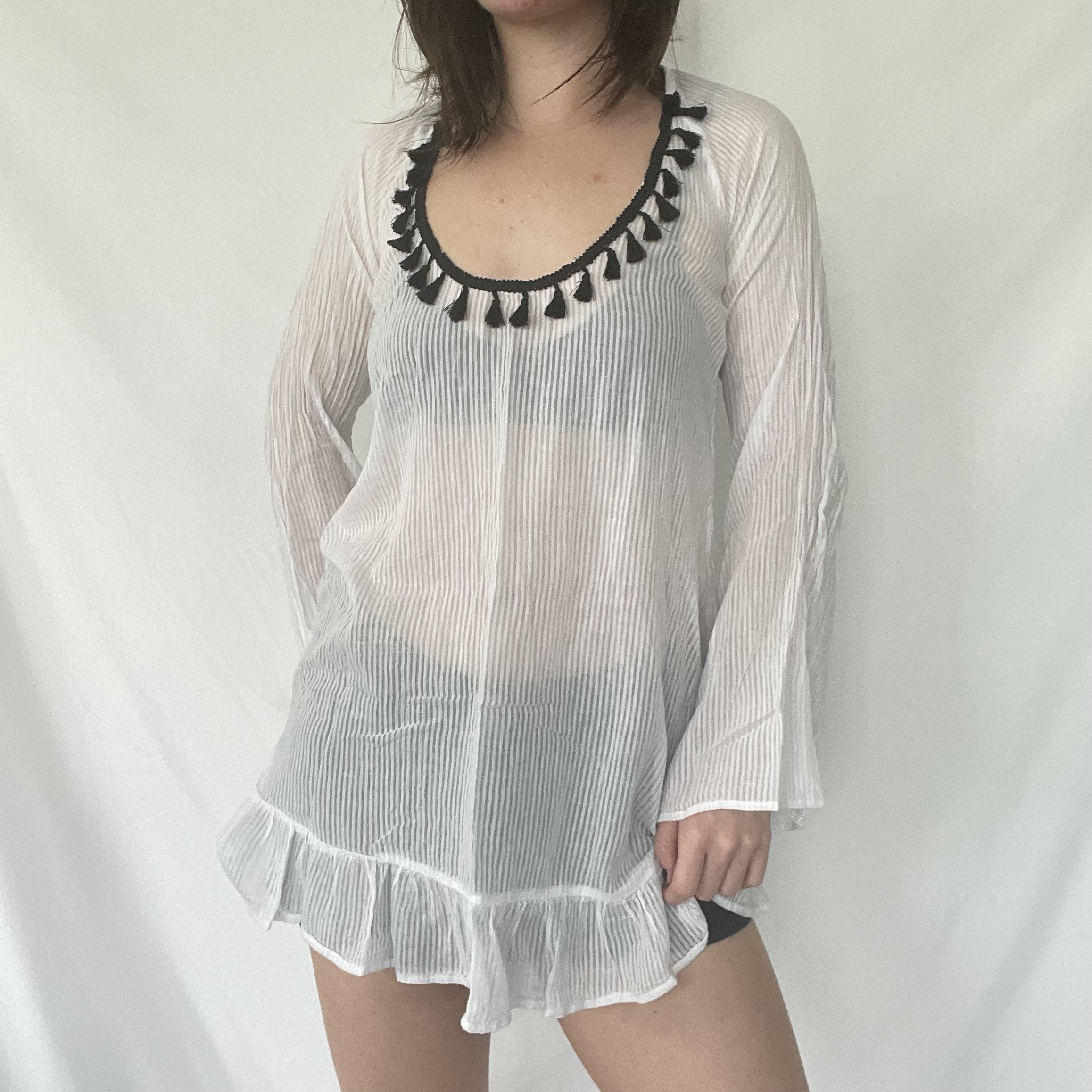 Vintage Sheer White Cover up Dress With Black Tassels / Y2k Aesthetic Clothing Etsy
