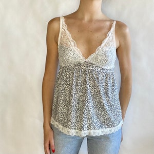 Vintage White Cheetah Print Baby doll Lace Lingerie Type Tank Top / Y2k aesthetic clothing