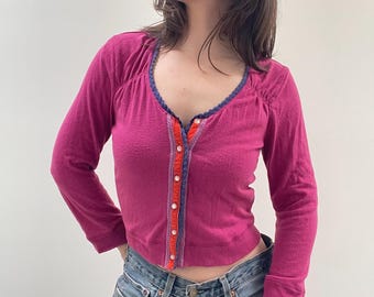 90s Style Free People Button Up Pink Cardigan / y2k aesthetic basic clothing