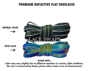 May include: Two pairs of flat shoelaces, one pair is dark green and the other is iridescent. The shoelaces are reflective and have a white trim. The text "LACE SWAPS" is printed on the image. The text "NORMAL COLOR" and "WITH FLASH" are shown with arrows pointing to the shoelaces.