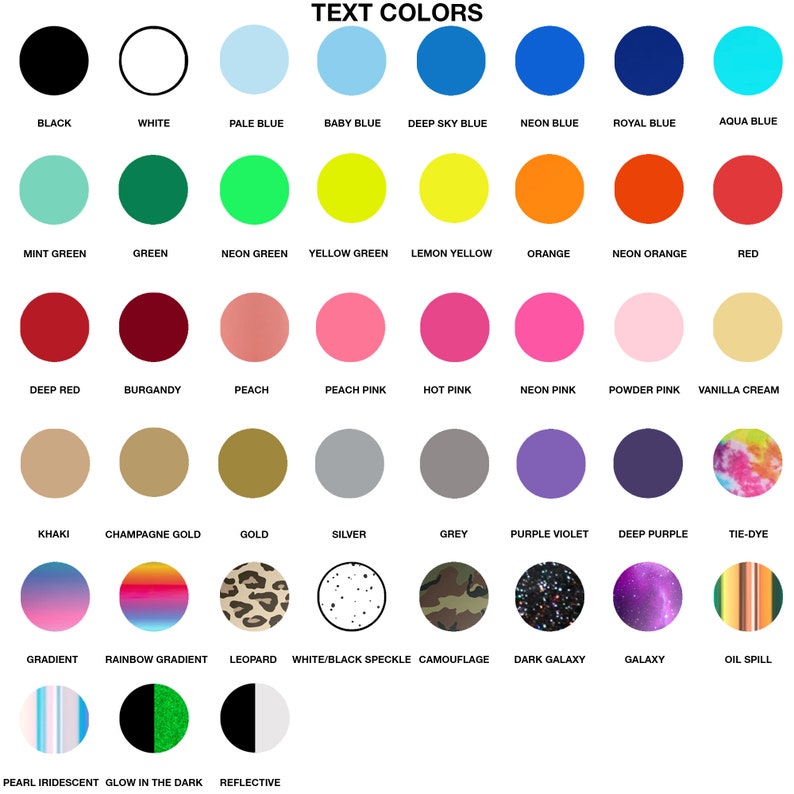 Puede incluir: Una tabla de 36 muestras de colores diferentes con etiquetas de texto para cada color. Los colores incluyen negro, blanco, azul p&aacute;lido, azul beb&eacute;, azul cielo profundo, azul ne&oacute;n, azul real, azul aguamarina, verde menta, verde, verde ne&oacute;n, verde amarillo, amarillo lim&oacute;n, naranja, naranja ne&oacute;n, rojo, rojo oscuro, burdeos, melocot&oacute;n, rosa melocot&oacute;n, rosa intenso, rosa ne&oacute;n, rosa polvo, crema vainilla, caqui, oro champ&aacute;n, oro, plata, gris, violeta, morado oscuro, tie-dye, degradado, degradado arco&iacute;ris, leopardo, blanco/negro moteado, camuflaje, galaxia oscura, galaxia, derrame de petr&oacute;leo, nacarado iridiscente, brillo en la oscuridad y reflectante.