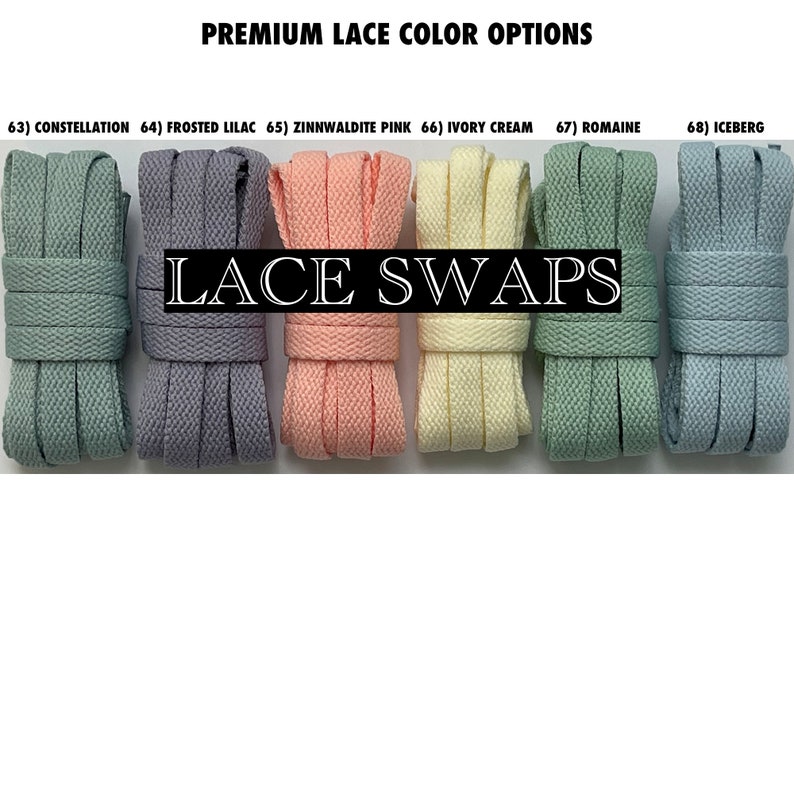 Puede incluir: Primer plano de ocho cordones de diferentes colores, etiquetados con sus nombres y n&uacute;meros. Los cordones est&aacute;n dispuestos en una fila de izquierda a derecha. Los colores son: Constelaci&oacute;n, Lila escarchado, Rosa Zinnwaldite, Crema marfil, Romana y Iceberg. El texto "LACE SWAPS" est&aacute; escrito en letras grandes y negritas en el centro de la imagen.