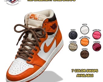 May include: Thin braided rope replacement laces for sneakers, featuring a brown pair laced on a white and orange high-top shoe. The image displays seven color options: white, black, oatmeal, neon orange, brown, neon pink, and fuchsia.