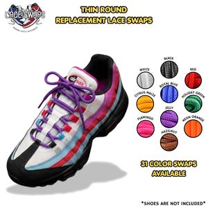 May include: Thin round replacement shoelaces in purple, shown on a white, black, blue, and red trainer. The image displays a colour chart with white, black, red, citrus maize, royal blue, holiday green, jelly, flamingo, neon orange, and hazelnut options.
