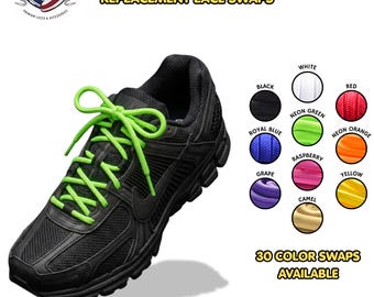 May include: A black athletic sneaker featuring bright neon green rope laces. The image includes the text LACE SWAPS, CLASSIC ROPE REPLACEMENT LACE SWAPS, and 30 COLOR SWAPS AVAILABLE, alongside a color chart showing black, white, red, royal blue, neon green, neon orange, grape, raspberry, yellow, and camel options.