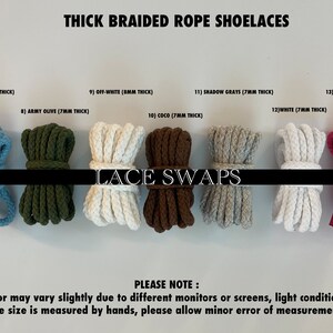 May include: A close-up of ten different colors of thick braided rope shoelaces. The shoelaces are arranged in a row, with each color labeled with a number and a description. The text "LACE SWAPS" is printed in black letters on a white background. The text "PLEASE NOTE:" is printed in black letters on a white background. The text "Color may vary slightly due to different monitors or screens, light conditions." is printed in black letters on a white background. The text "The size is measured by hands, please allow minor error of measurement." is printed in black letters on a white background.