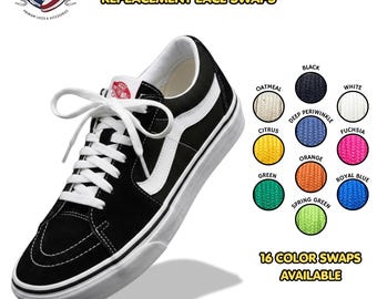 May include: Cotton wide flat replacement laces for sneakers, featuring a black and white shoe with white laces. A color chart displays 16 available options including oatmeal, black, white, citrus, deep periwinkle, fuchsia, green, orange, royal blue, and spring green. Text reads: COTTON WIDE FLAT REPLACEMENT LACE SWAPS, 16 COLOR SWAPS AVAILABLE, SHOES ARE NOT INCLUDED.