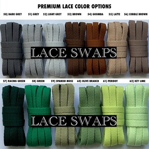 Puede incluir: Una selecci&oacute;n de colores de cordones, etiquetados con n&uacute;meros y nombres. Los colores incluyen gris oscuro, gris, gris claro, marr&oacute;n, goomba, latte, marr&oacute;n cobble, verde carrera, verde, musgo espa&ntilde;ol, rama de olivo, peridoto y lima. El texto "LACE SWAPS" aparece dos veces en la imagen.