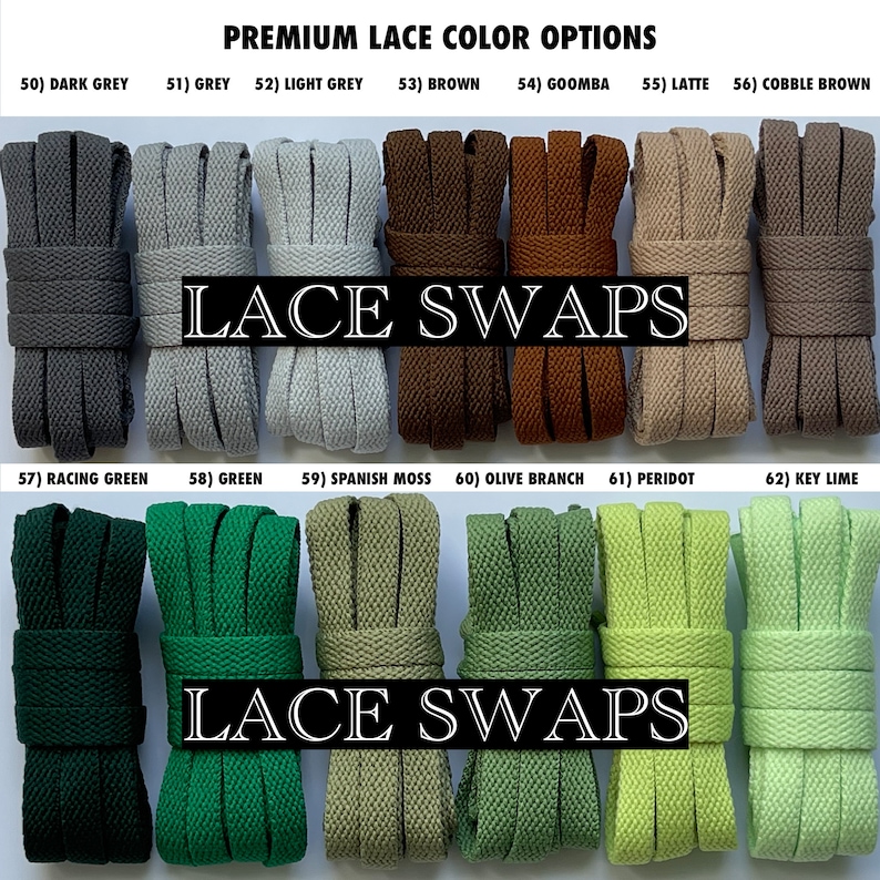 Puede incluir: Una selecci&oacute;n de colores de cordones, etiquetados con n&uacute;meros y nombres. Los colores incluyen gris oscuro, gris, gris claro, marr&oacute;n, goomba, latte, marr&oacute;n cobble, verde carrera, verde, musgo espa&ntilde;ol, rama de olivo, peridoto y lima. El texto "LACE SWAPS" aparece dos veces en la imagen.