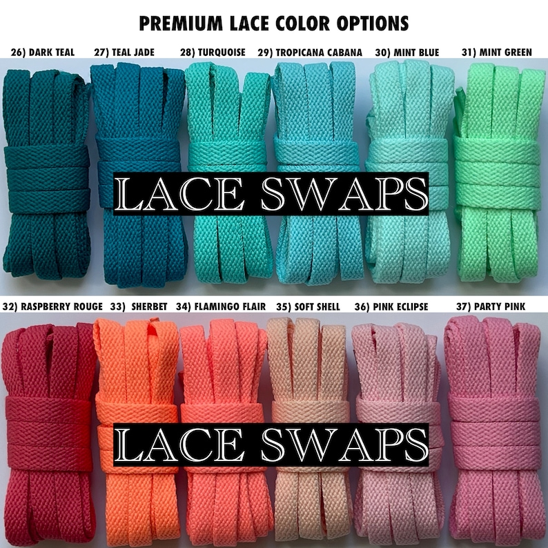 Puede incluir: Una selecci&oacute;n de cordones de colores, incluyendo azul oscuro, jade, turquesa, cabana tropicana, azul menta, verde menta, rojo frambuesa, sorbet, flamenco, concha suave, eclipse rosa y rosa de fiesta. Los cordones est&aacute;n dispuestos en filas de dos, con el texto "LACE SWAPS" impreso en negro sobre un fondo blanco.