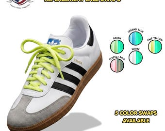 May include: A white sneaker with black stripes, a gum sole, and bright yellow rope laces. Text reads GLOW IN THE DARK ROPE REPLACEMENT LACE SWAPS and 5 COLOR SWAPS AVAILABLE. Five circular icons display green, legend blue, white, pale yellow, and pink laces.