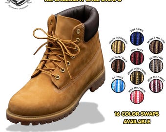 May include: A tan leather ankle boot with a dark brown padded collar and gold-tone metal eyelets. The image displays the text BOOT ROUND REPLACEMENT LACE SWAPS and 16 color options for round laces, including blue/black, yellow/chocolate, and red/black.