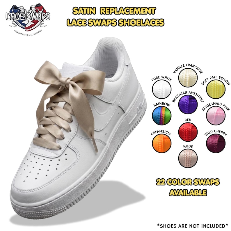 May include: A white sneaker featuring wide, champagne-colored satin shoelaces tied in a large bow. The image includes the text "SATIN REPLACEMENT LACE SWAPS SHOELACES" and "22 COLOR SWAPS AVAILABLE" alongside a circular color chart of various laces.