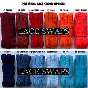 Puede incluir: Un gr&aacute;fico que muestra diferentes colores de cordones, etiquetados con sus nombres. Los colores incluyen granate, ladrillo, rojo oscuro corsa, naranja, papaya, naranja atardecer, azul marino, azul marino descolorido, azul aciano, azul beb&eacute;, azul cielo y azul cer&uacute;leo. El gr&aacute;fico est&aacute; titulado "Opciones de color de cordones premium" y "Intercambios de cordones".