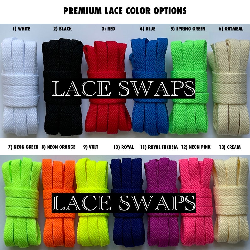 Puede incluir: Una selecci&oacute;n de 13 cordones de diferentes colores, etiquetados con sus nombres de colores. Los cordones est&aacute;n dispuestos en dos filas de siete, con el texto "LACE SWAPS" impreso en el centro de cada fila.