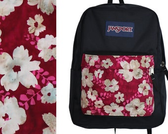 White Flower on Red Batik Fabric Upcycle for the JanSport SuperBreak Backpack