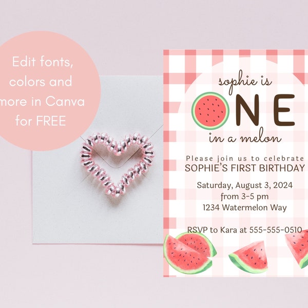 One in a Melon 1st Birthday Invitation, Digital Invite, Sweet One Editable Invitation Template, First Birthday Girl Invite