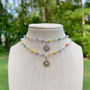 Multi Color beaded wire wrapped choker with sun charm | sun necklace | rainbow necklace | summer necklace | pride necklace