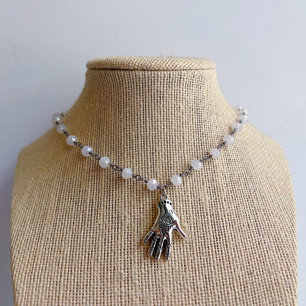 White beaded zodiac hand charm necklace | Zodiac necklace | Hand necklace | Hippy necklace | Indie necklace | Rosary necklace | statement
