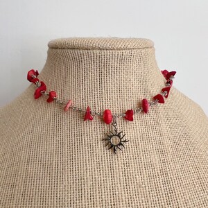 Bamboo coral wire wrapped gemstone beaded rosary necklace with sun charm | Red jewelry | Sun necklace | Unique | One of a kind | Celestial