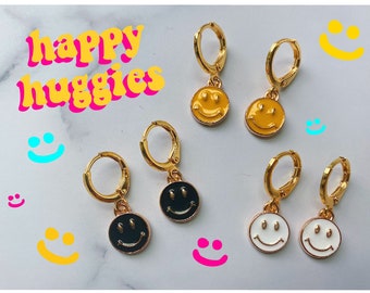 Smiley face huggies | Smiley face earrings | Gold plated huggies | Dainty earrings | Happy jewelry | Hippy indie jewelry | Gifts for her