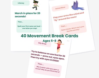 Movement Break Cards for Kids | Brain Break Activity Cards | Homeschool Printable  PE Printable | K-2 Movement Card